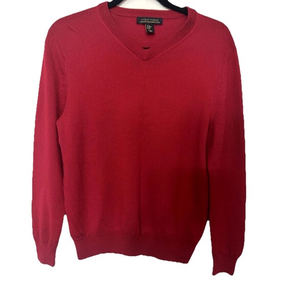 Ethan Pierce Mens Size M 100% Extra Fine Merino Wool Red V Neck Pullover Sweater - Picture 1 of 5